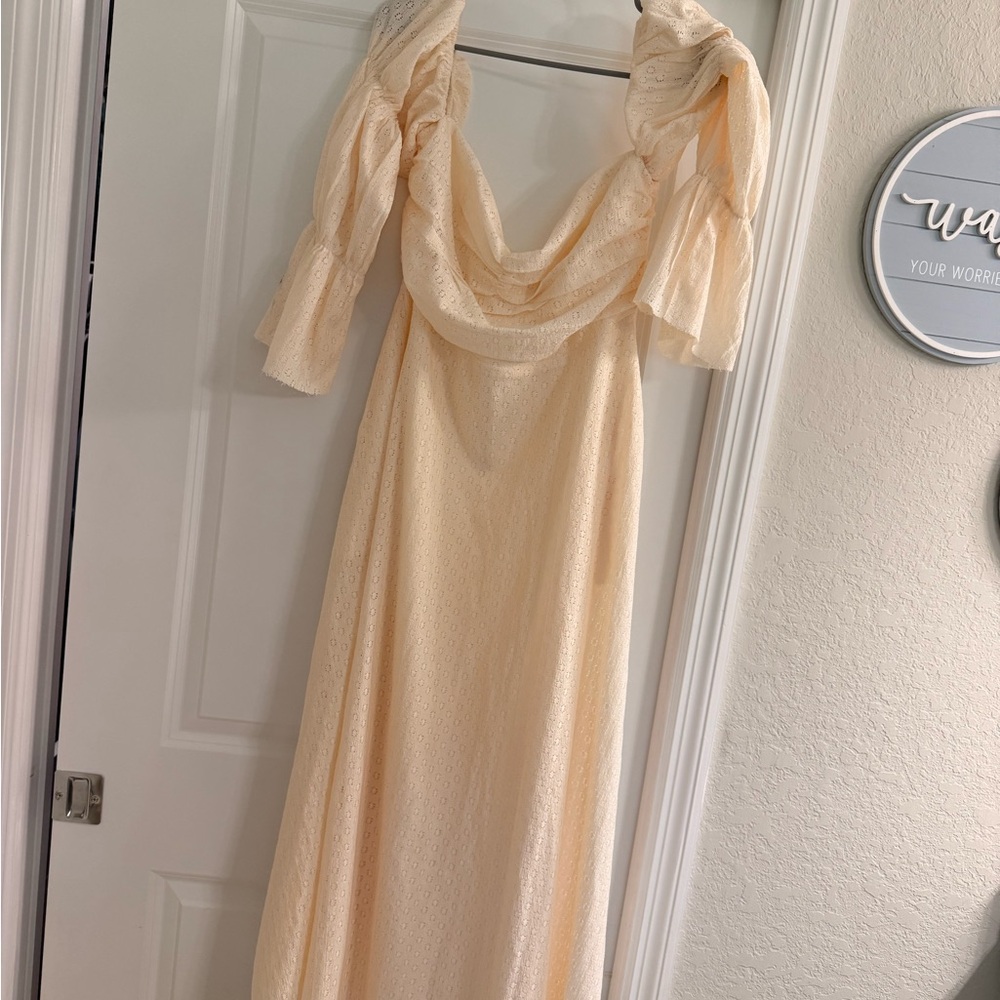 Light Cream Eyelet Maxi Dress with Draped Cowl Neck